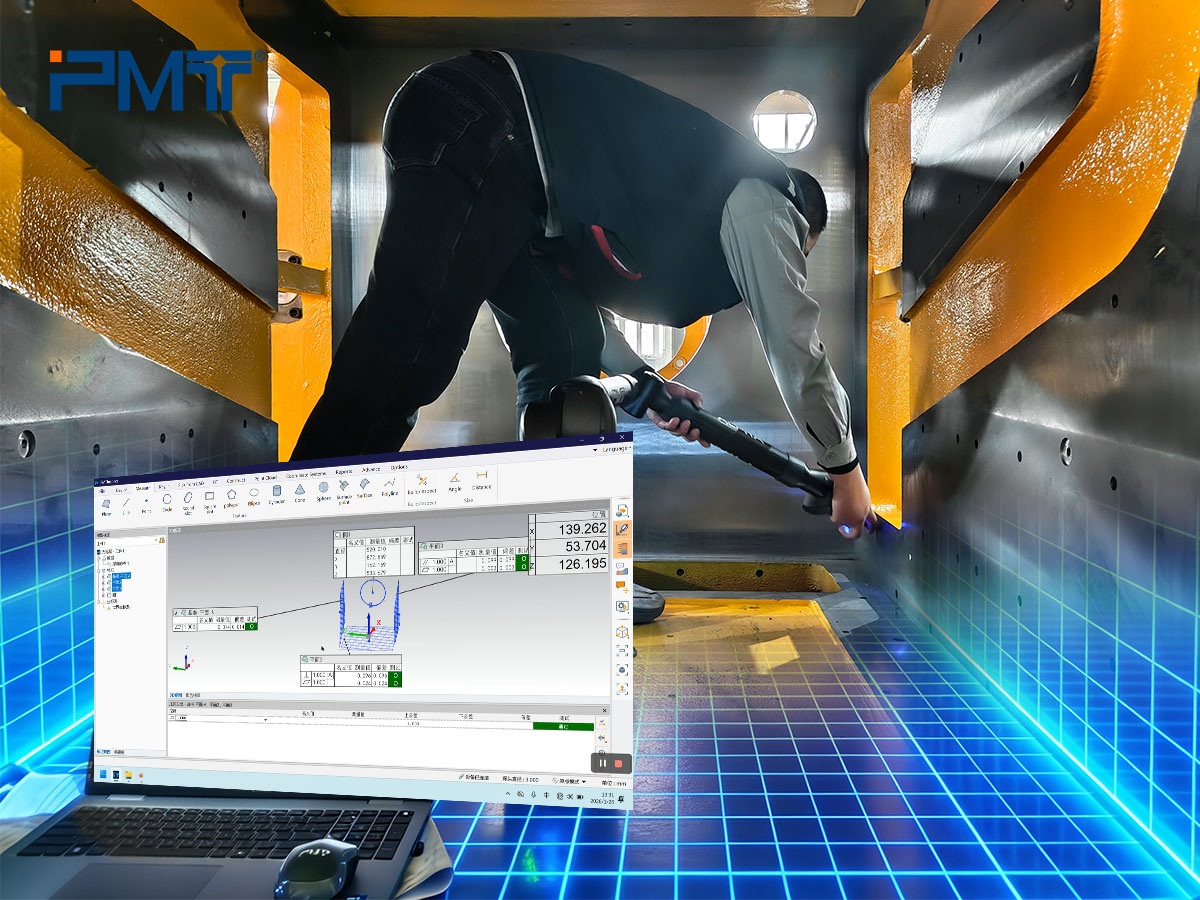 The PMT portable CMM measuring arm performs internal measurement of casting machinery components.