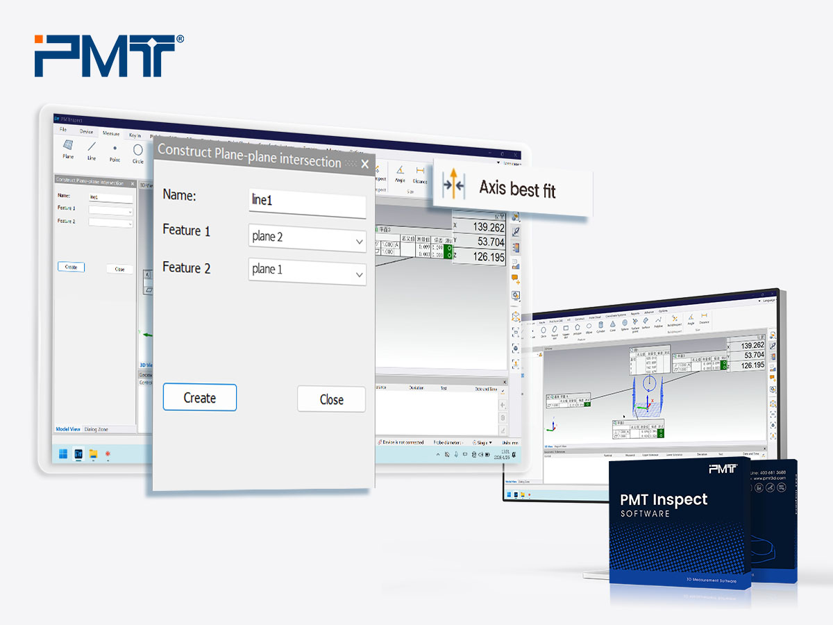 The PMT portable CMM measuring arm is used for constructing plane intersection lines.