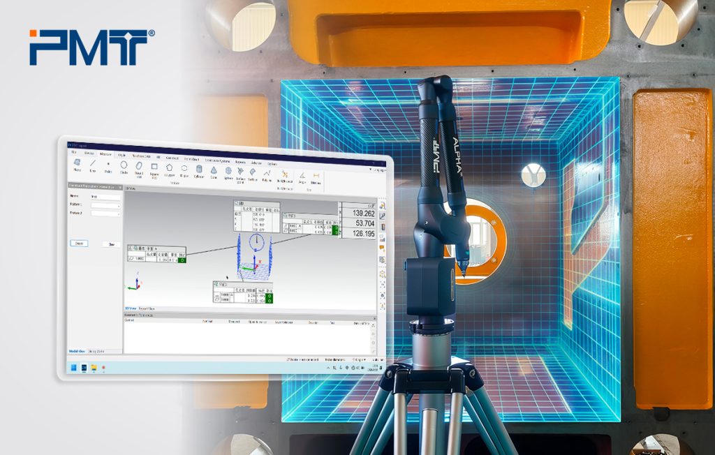 PMT Technologies' portable CMM measuring arm is used for inspecting foundry machinery covers.